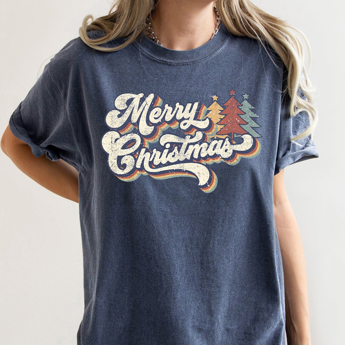 Merry Christmas Retro, Trees, Stacked Lettering, Classic Design, Comfort Colors Tshirt