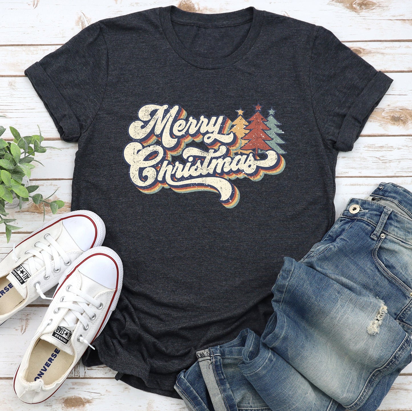 Merry Christmas Retro, Trees, Stacked Lettering, Classic Design Super Soft Tees