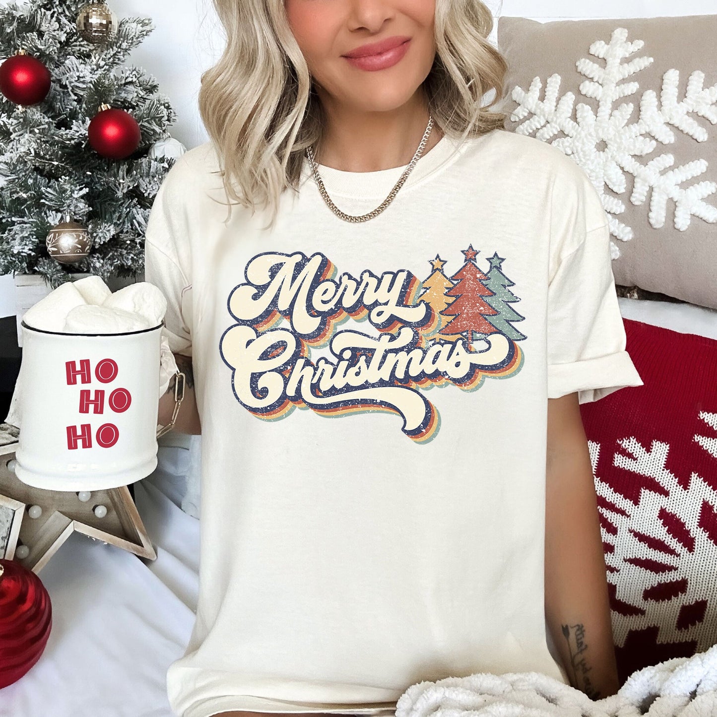 Merry Christmas Retro, Trees, Stacked Lettering, Classic Design, Comfort Colors Tshirt