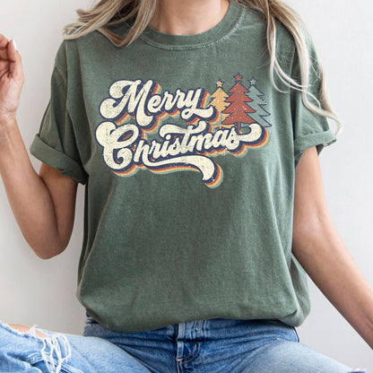 Merry Christmas Retro, Trees, Stacked Lettering, Classic Design, Comfort Colors Tshirt