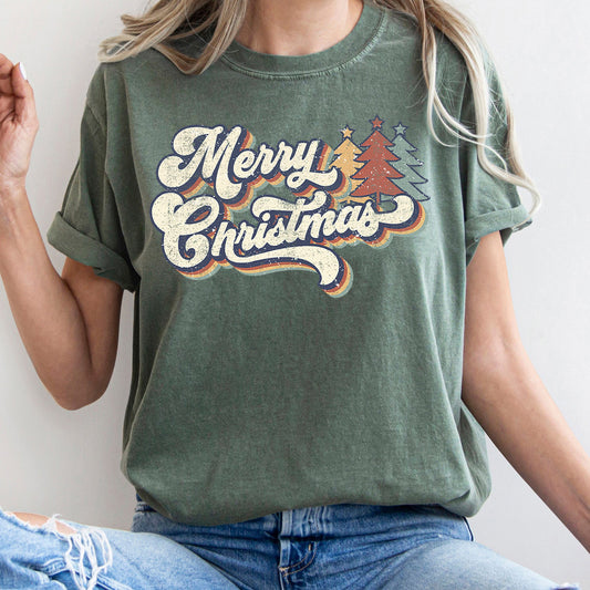 Merry Christmas Retro, Trees, Stacked Lettering, Classic Design, Comfort Colors Tshirt