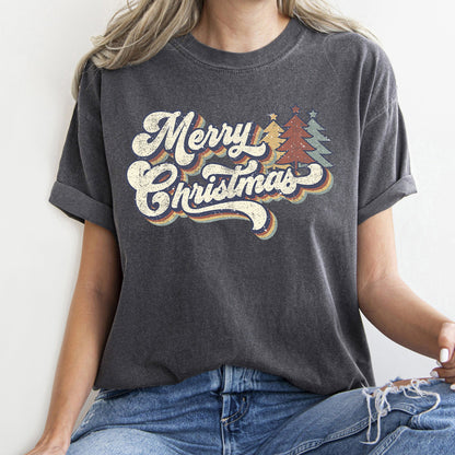 Merry Christmas Retro, Trees, Stacked Lettering, Classic Design, Comfort Colors Tshirt