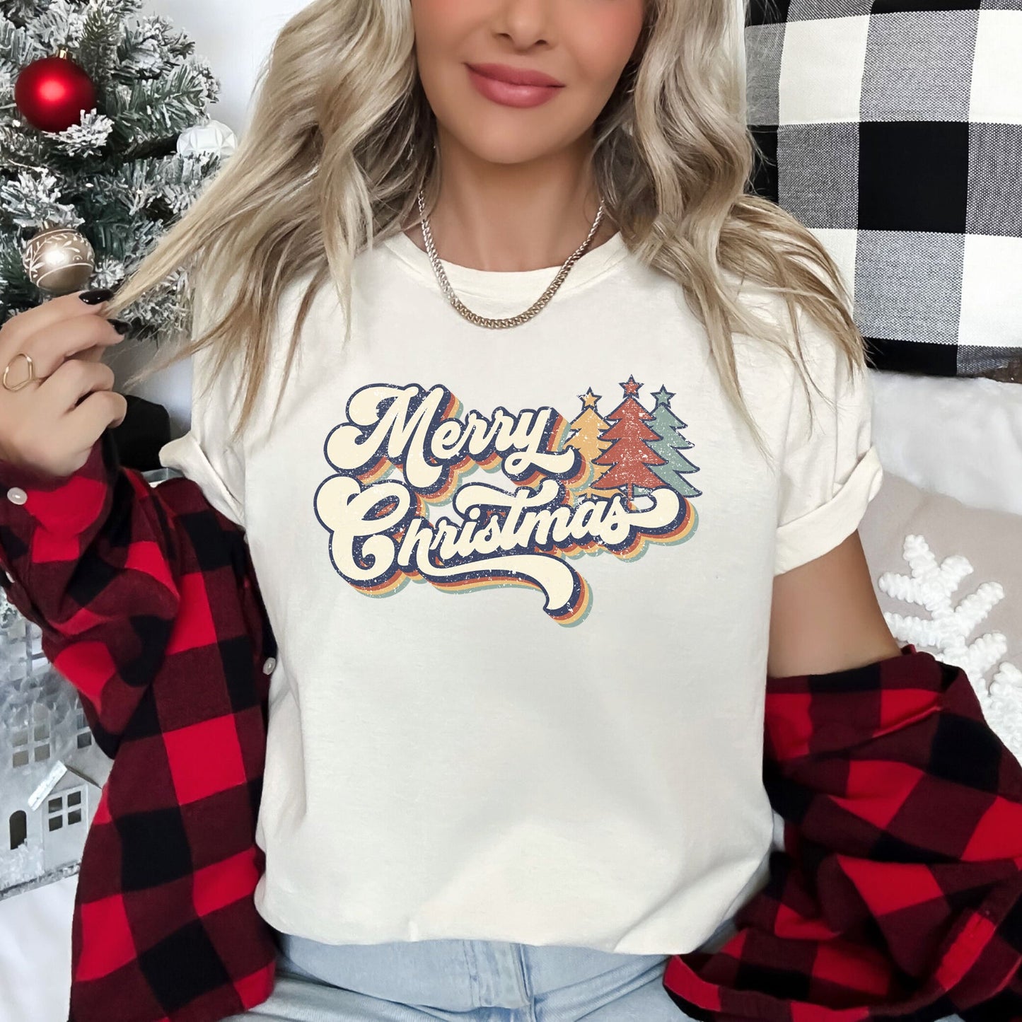 Merry Christmas Retro, Trees, Stacked Lettering, Classic Design Super Soft Tees
