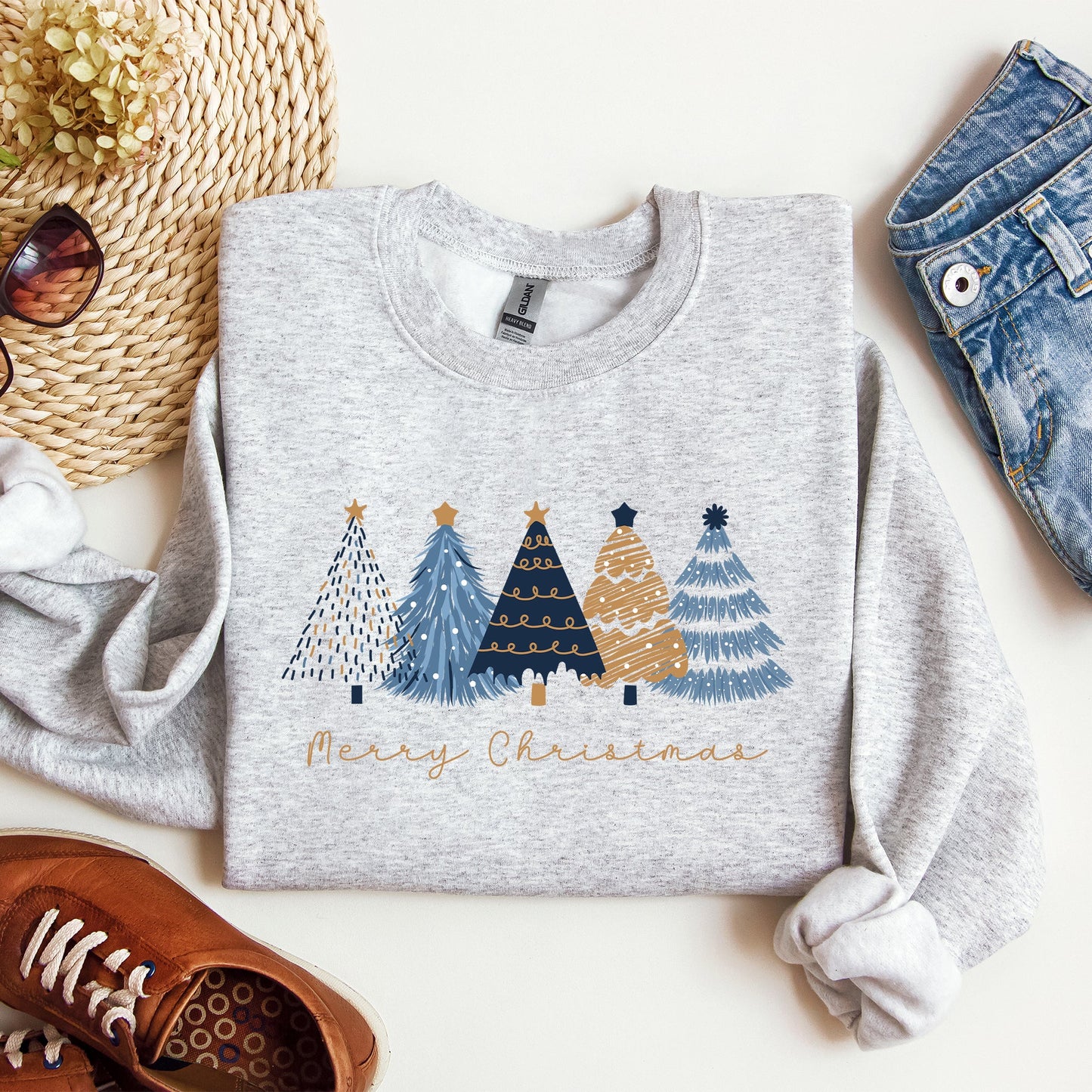 Merry Christmas Trees, Winter, Gold Effect, Snow, Santa, Xmas Sweatshirt