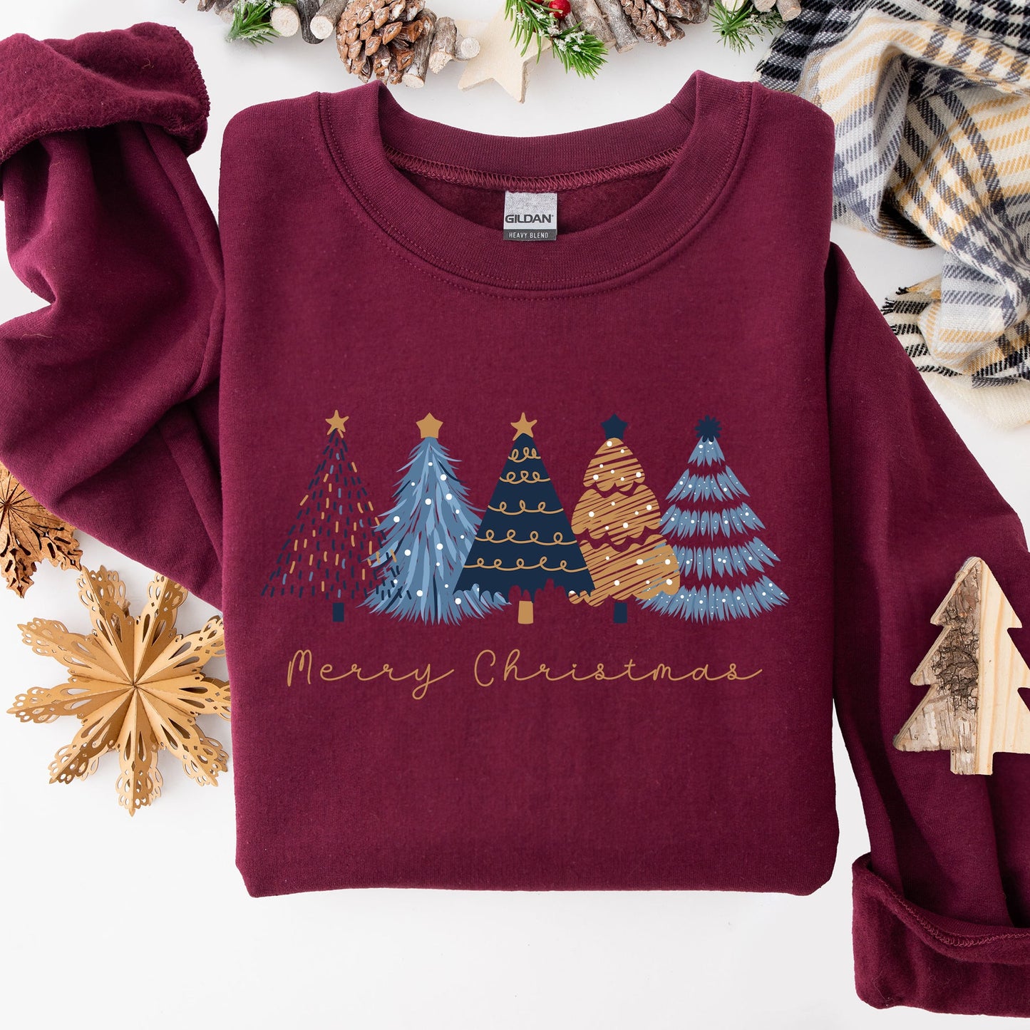 Merry Christmas Trees, Winter, Gold Effect, Snow, Santa, Xmas Sweatshirt