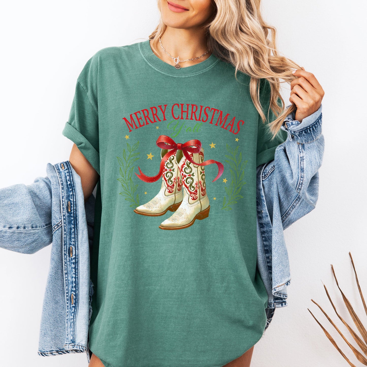Merry Christmas Y'all, Cowboy Boots, Ribbon, Country, Western, Snow, Xmas Tshirt Comfort Colors T-Shirt
