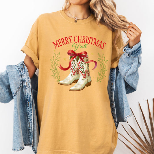 Merry Christmas Y'all, Cowboy Boots, Ribbon, Country, Western, Snow, Xmas Tshirt Comfort Colors T-Shirt