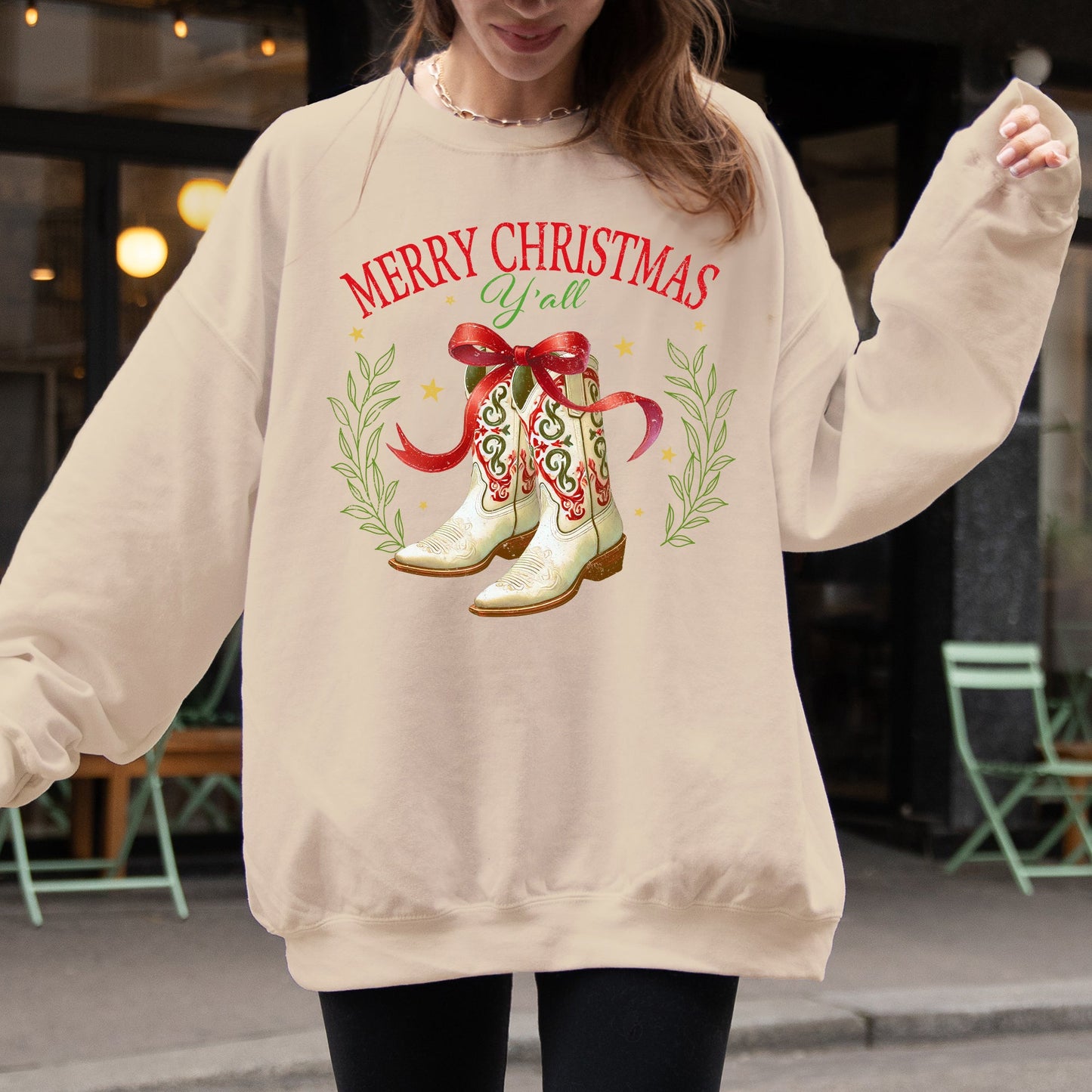 Merry Christmas Y'all, Cowboy Boots, Ribbon, Country, Western, Snow, Xmas Sweatshirt