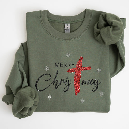 Merry Christmas, Christ, Faux Glitter, Religious, Gospel, Faith Sweatshirt