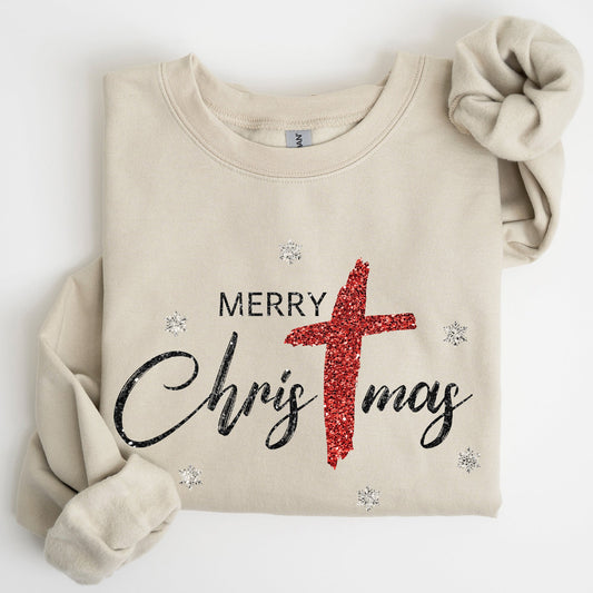 Merry Christmas, Christ, Faux Glitter, Religious, Gospel, Faith Sweatshirt
