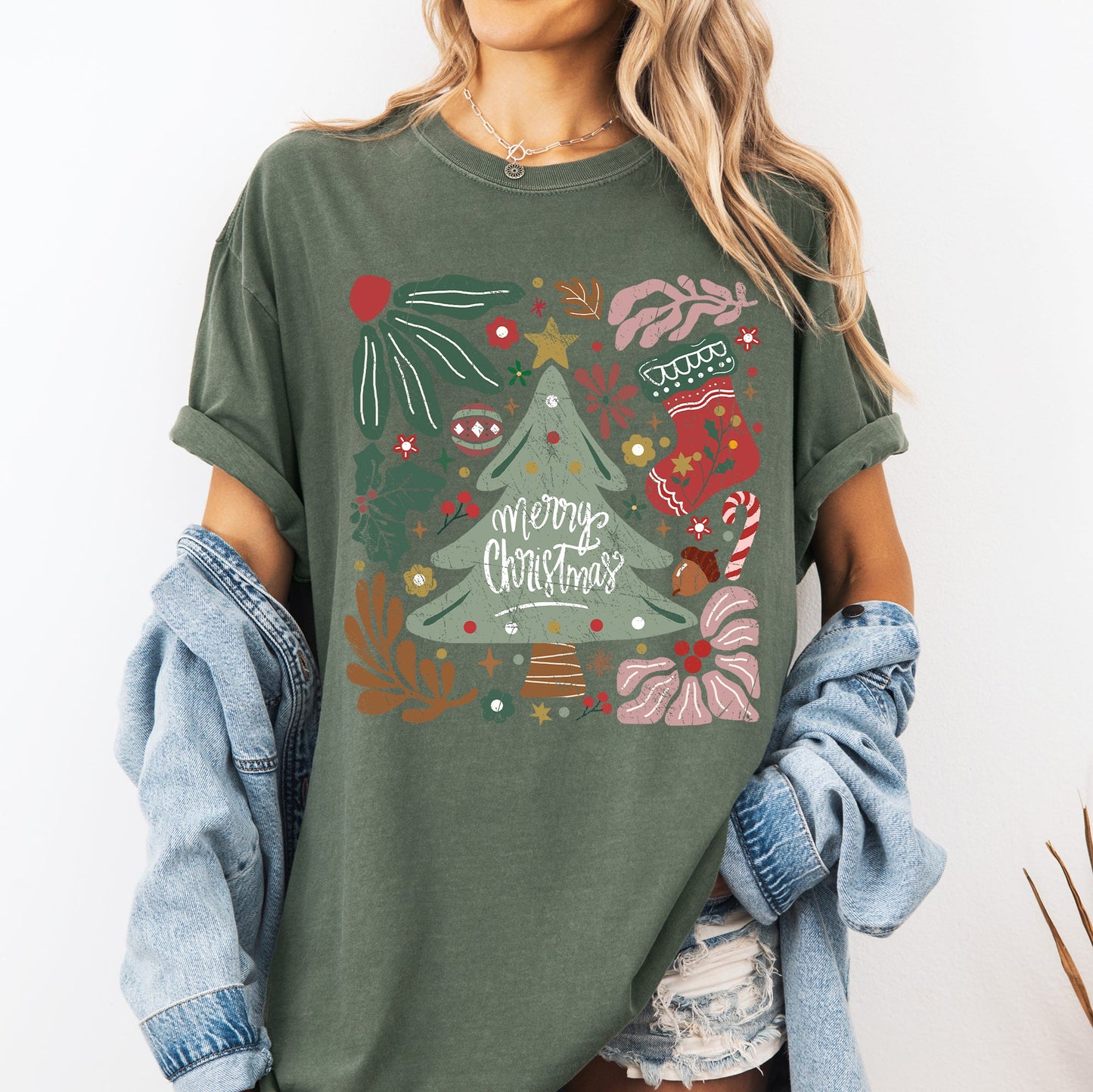 Merry Christmas, Green Floral, Flowers, Xmas Tshirt Comfort Colors T-Shirt