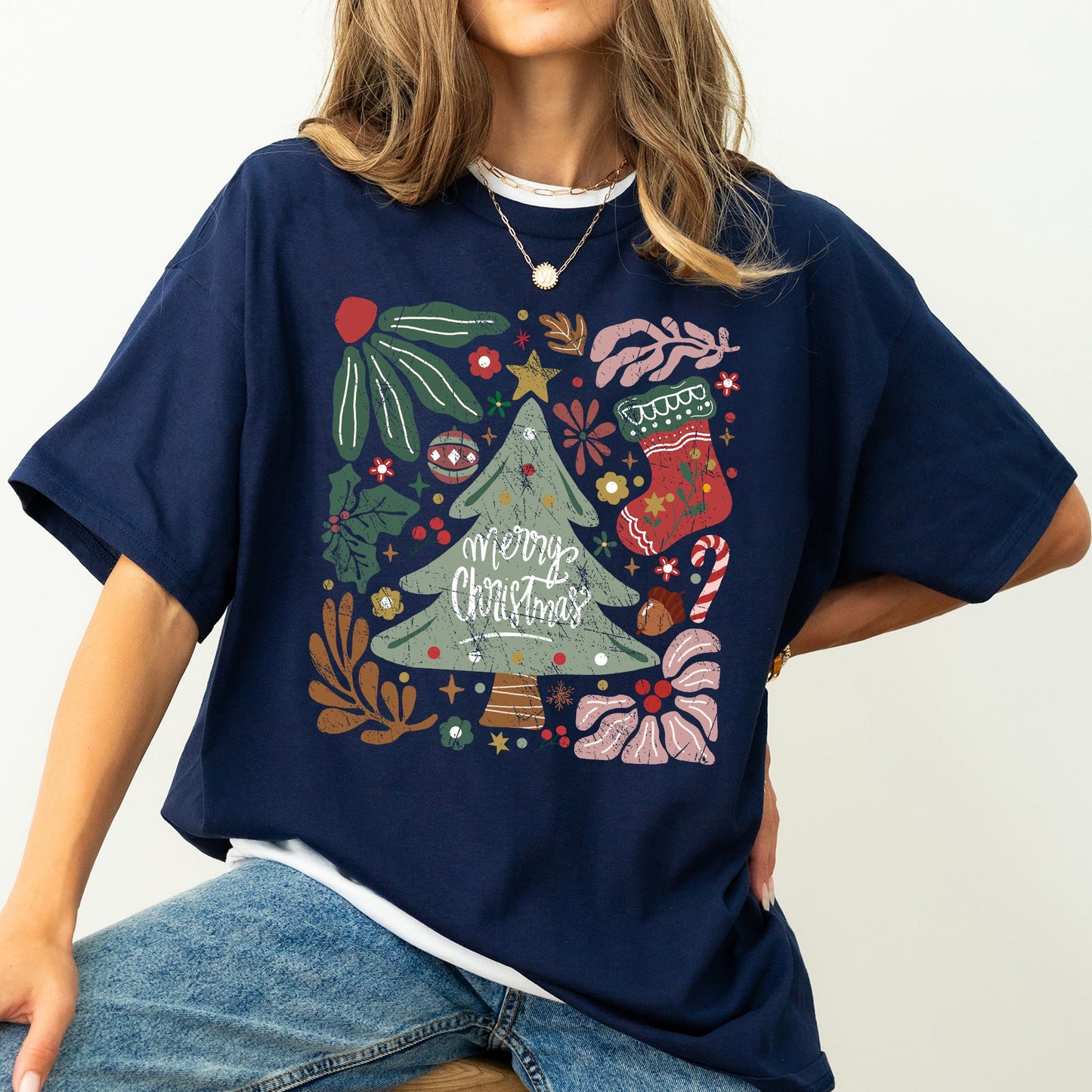 Merry Christmas, Green Floral, Flowers, Xmas Tshirt Comfort Colors T-Shirt