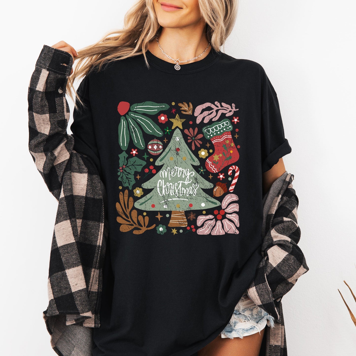 Merry Christmas, Green Floral, Flowers, Xmas Tshirt Comfort Colors T-Shirt