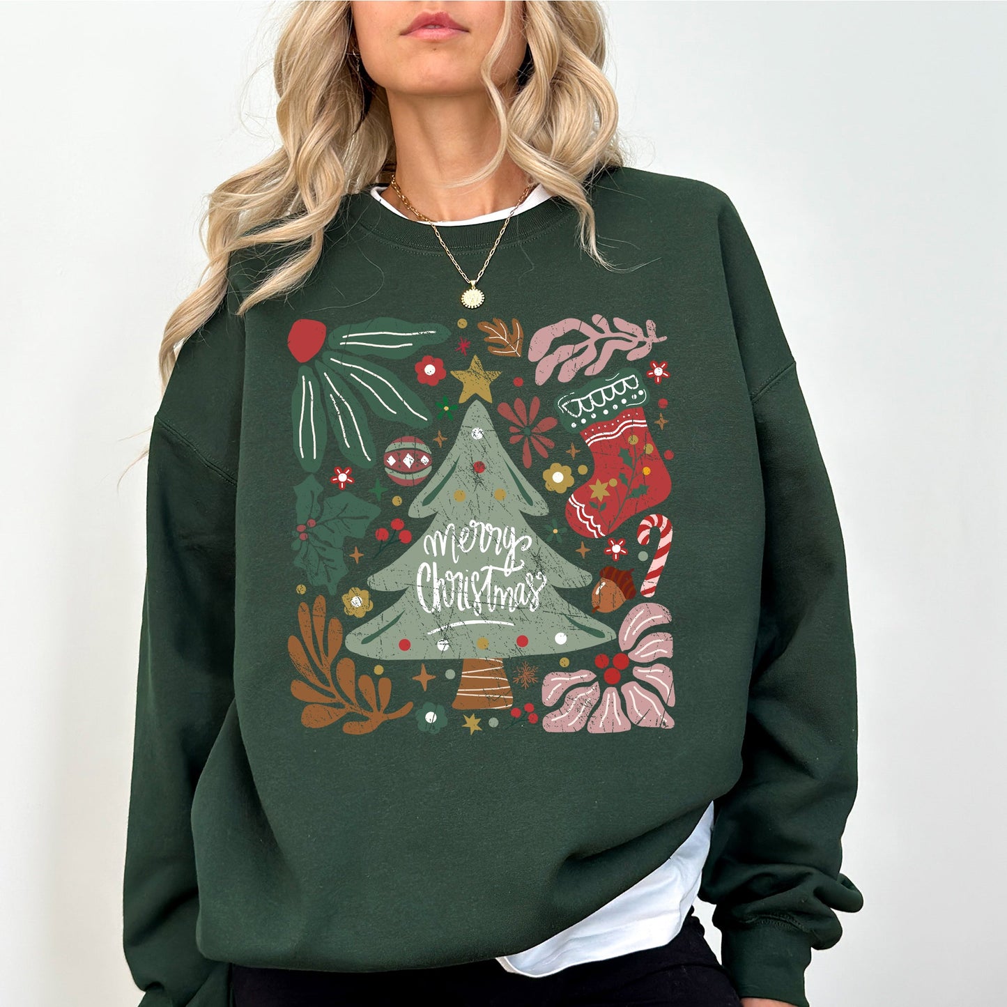 Merry Christmas, Green Floral, Flowers, Xmas Sweatshirt