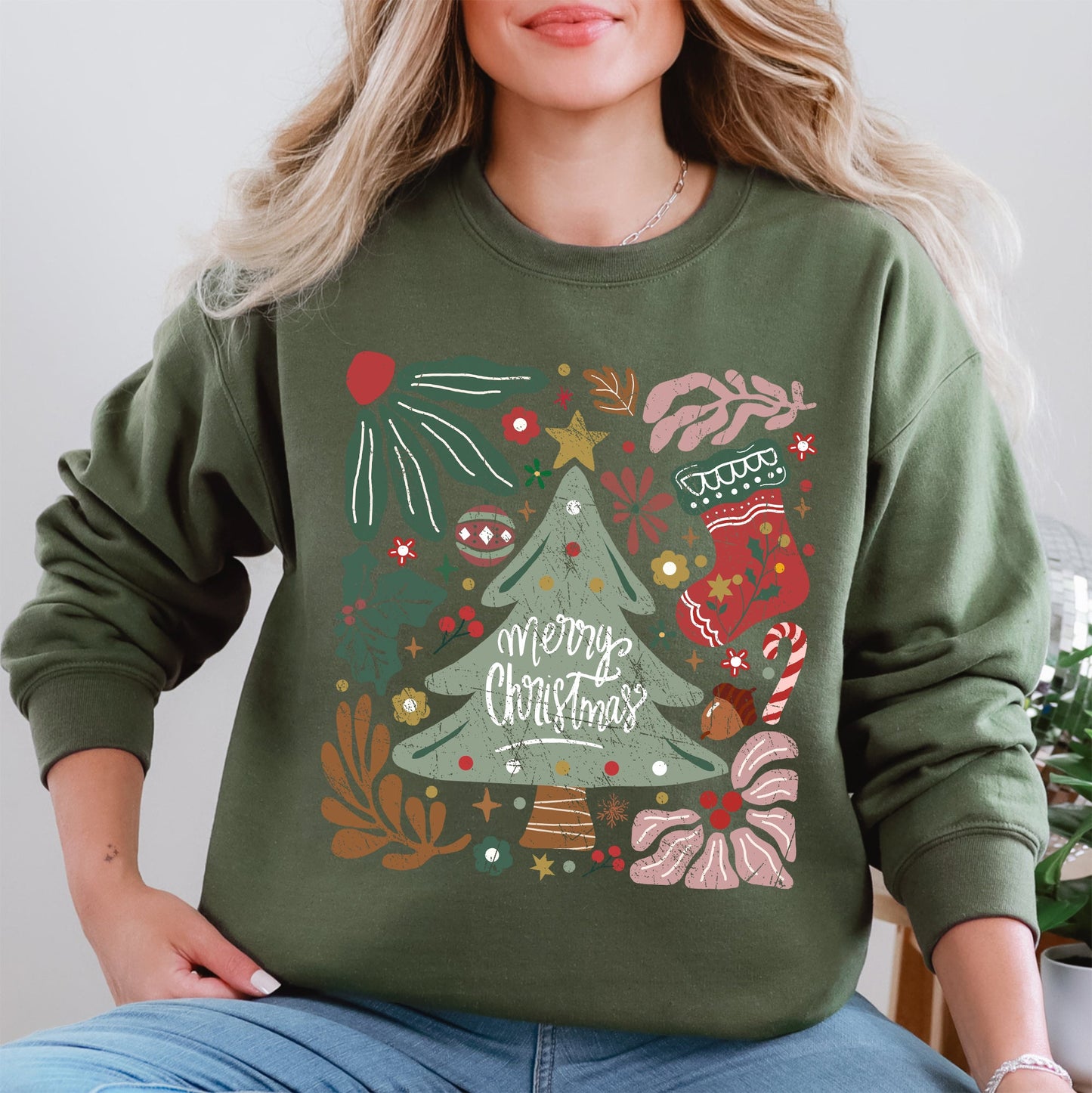 Merry Christmas, Green Floral, Flowers, Xmas Sweatshirt