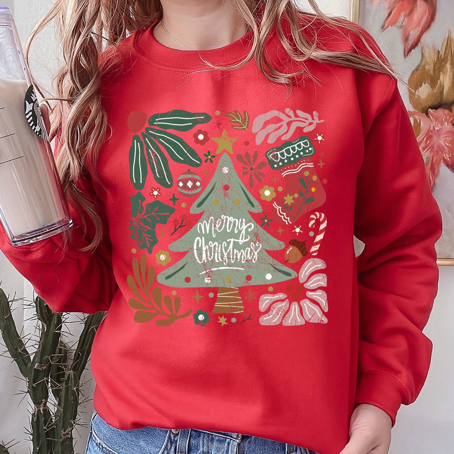 Merry Christmas, Green Floral, Flowers, Xmas Sweatshirt
