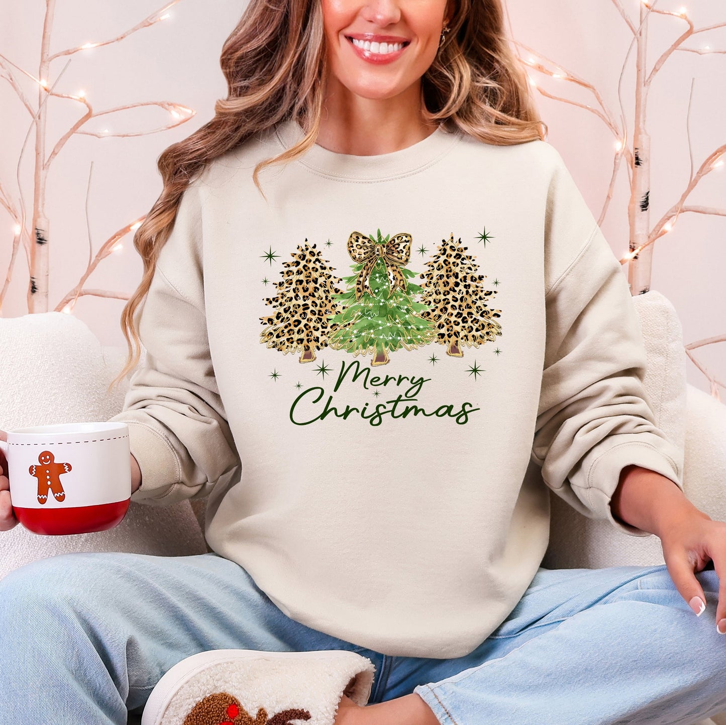 Merry Christmas, Leopard Print, Cheetah Christmas Trees Sweatshirt