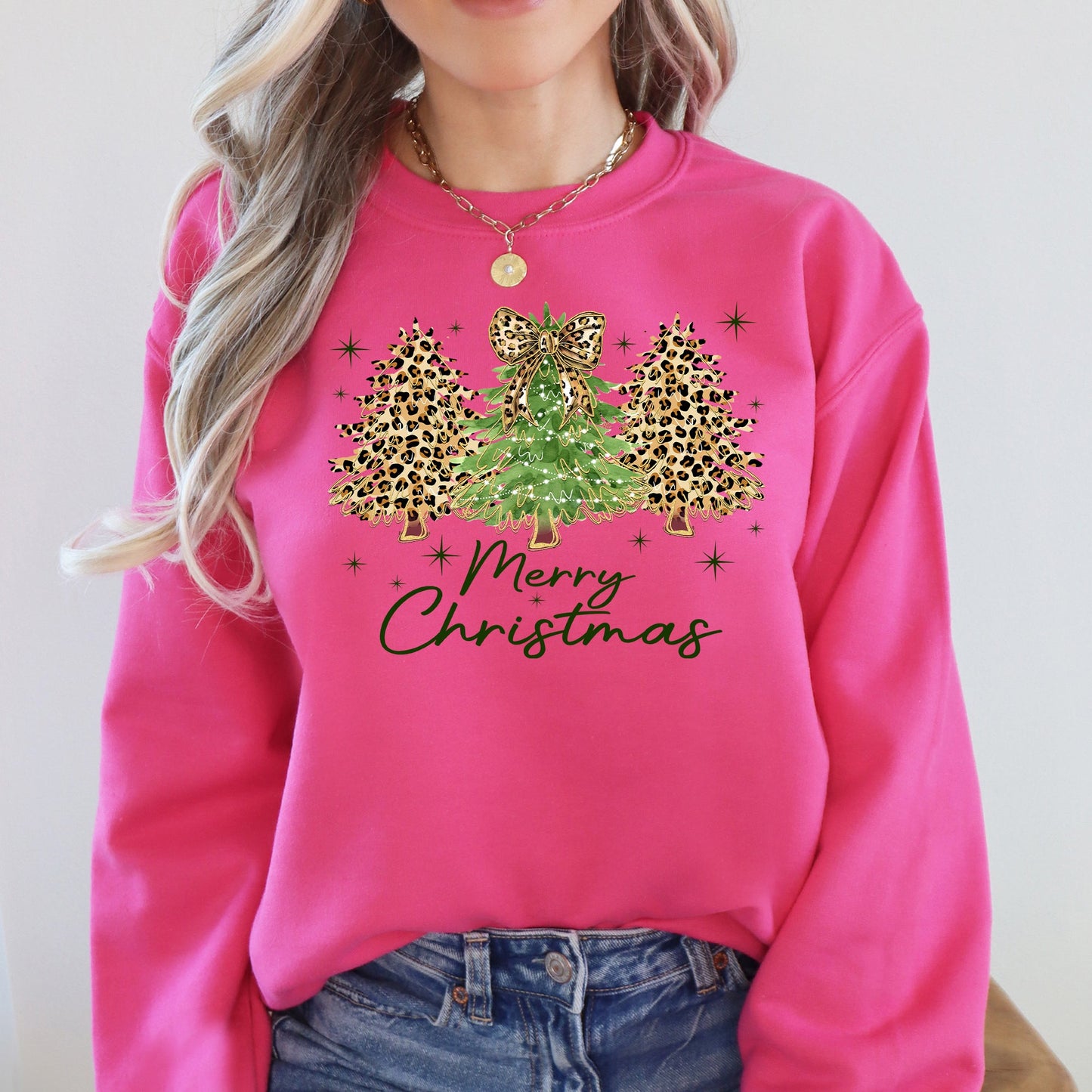 Merry Christmas, Leopard Print, Cheetah Christmas Trees Sweatshirt