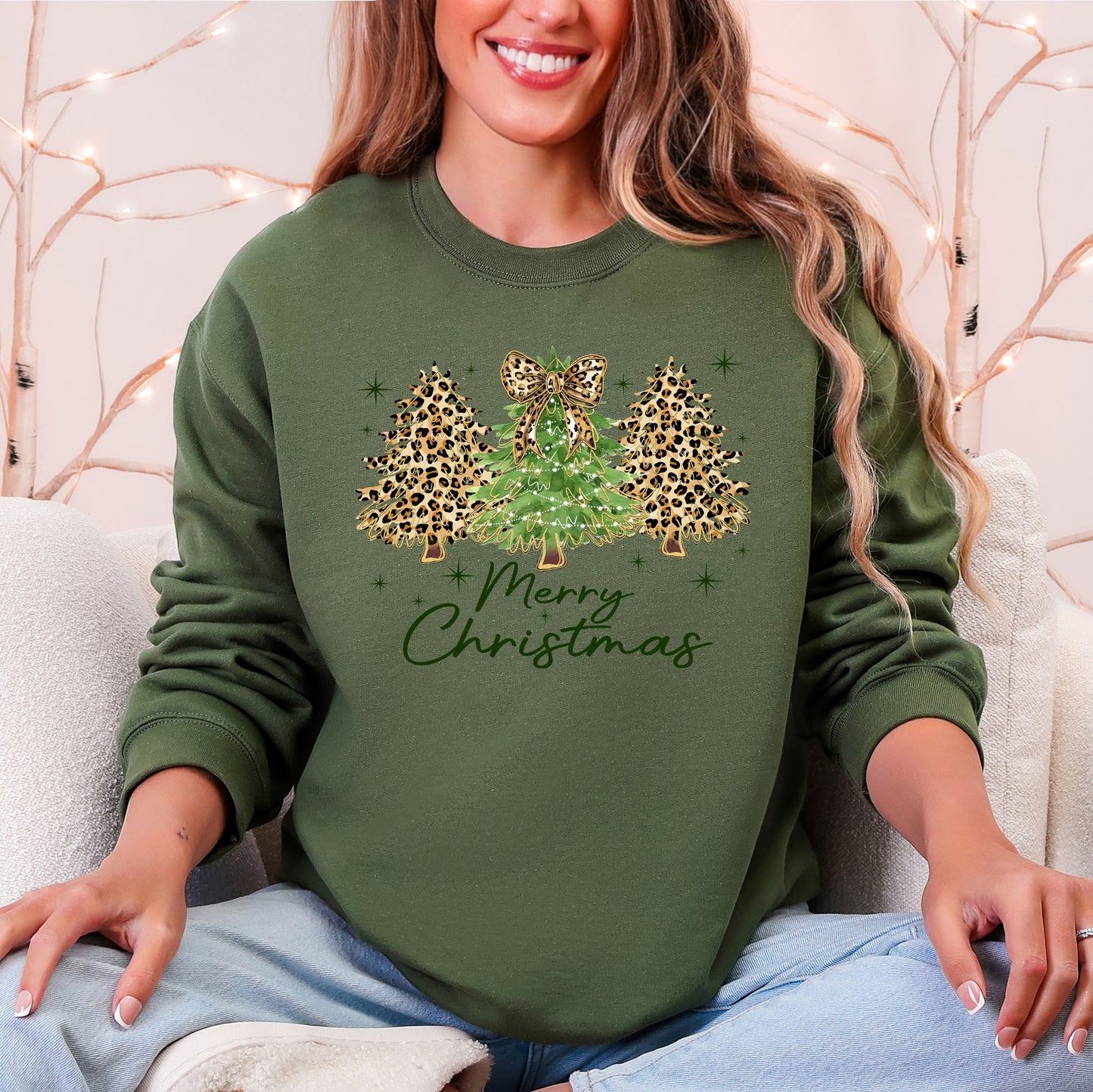 Merry Christmas, Leopard Print, Cheetah Christmas Trees Sweatshirt