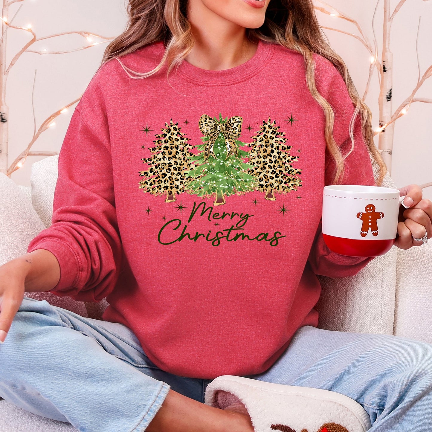 Merry Christmas, Leopard Print, Cheetah Christmas Trees Sweatshirt