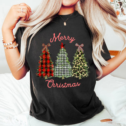 Merry Christmas, Leopard Print and Plaid Trees With Ribbons, Comfort Colors Tshirt