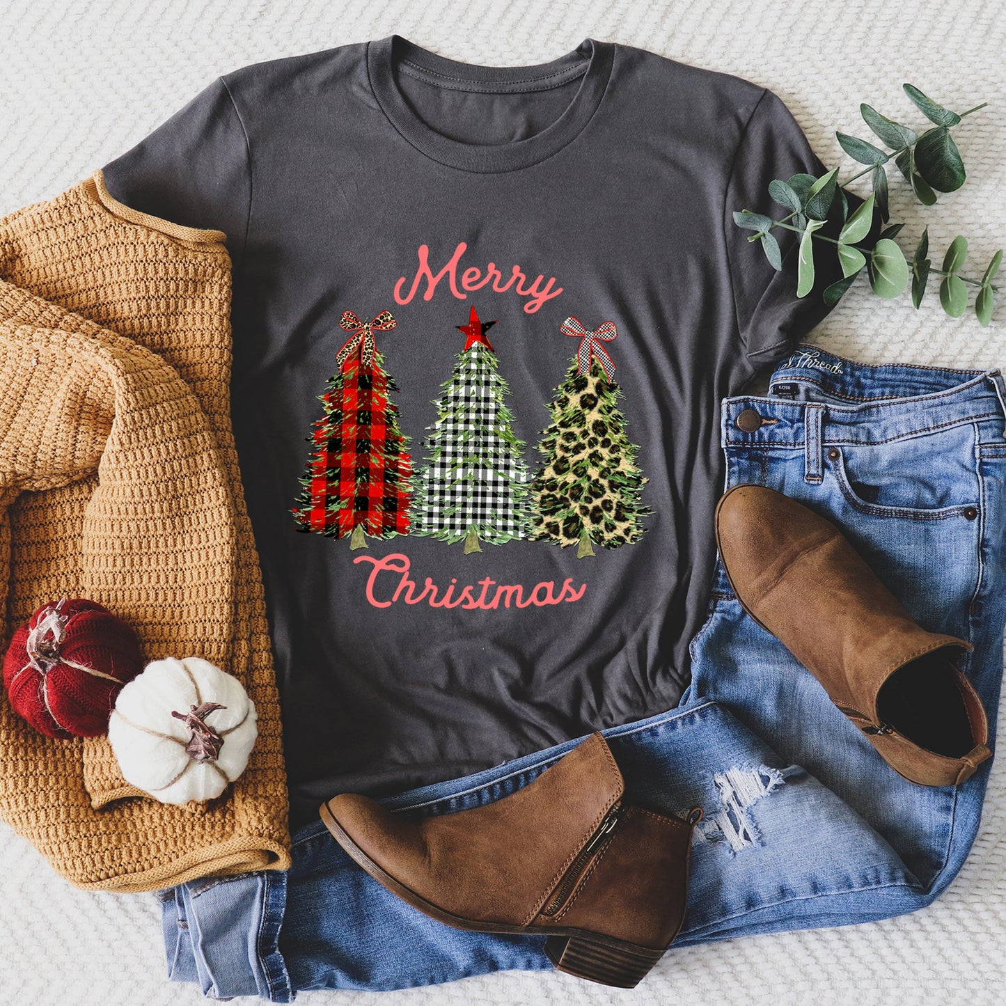 Merry Christmas, Leopard Print and Plaid Trees With Ribbons, Super Soft Tee
