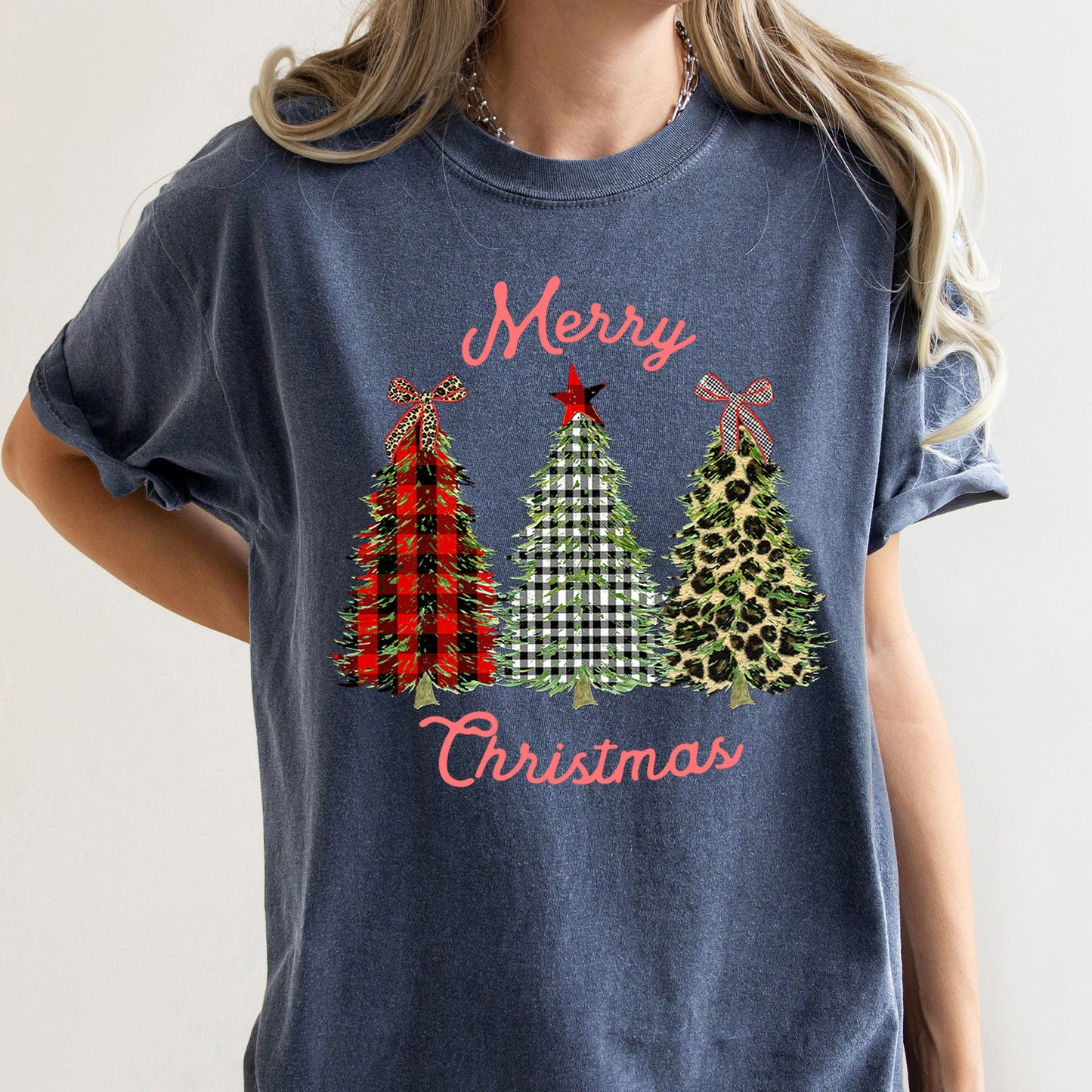 Merry Christmas, Leopard Print and Plaid Trees With Ribbons, Comfort Colors Tshirt