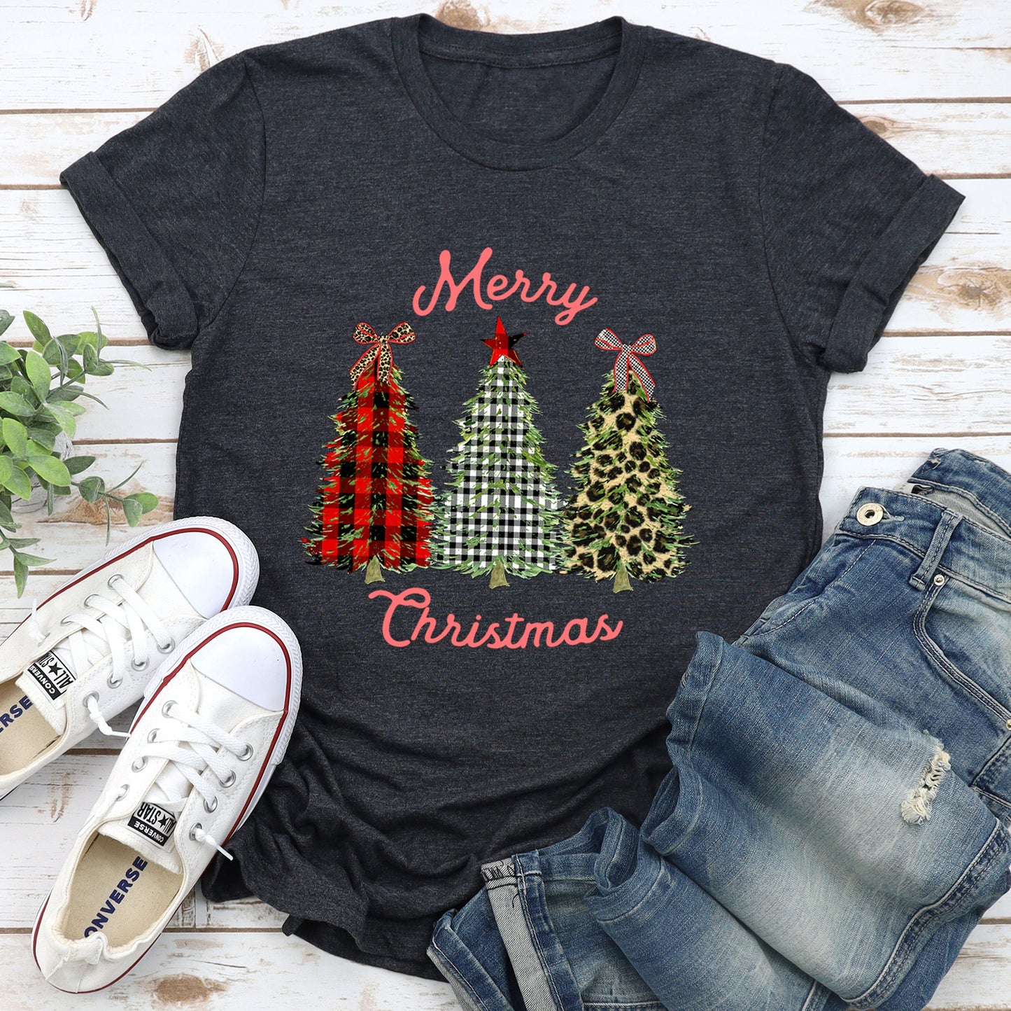 Merry Christmas, Leopard Print and Plaid Trees With Ribbons, Super Soft Tee