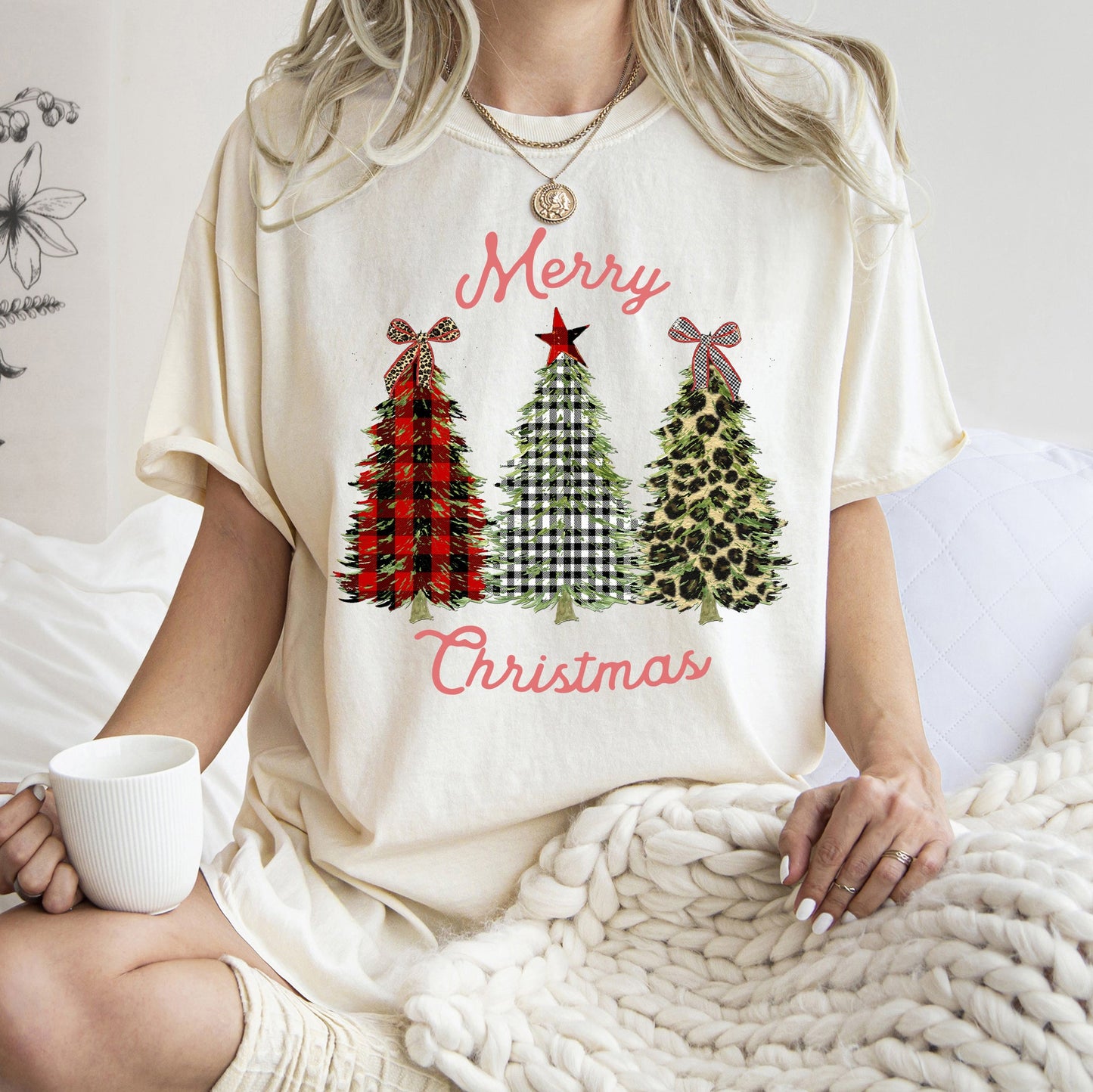 Merry Christmas, Leopard Print and Plaid Trees With Ribbons, Comfort Colors Tshirt