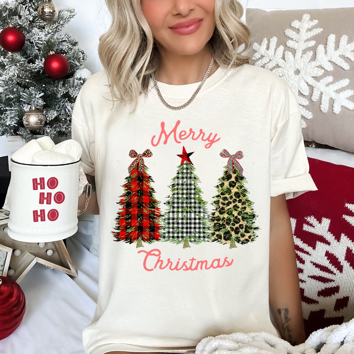 Merry Christmas, Leopard Print and Plaid Trees With Ribbons, Comfort Colors Tshirt