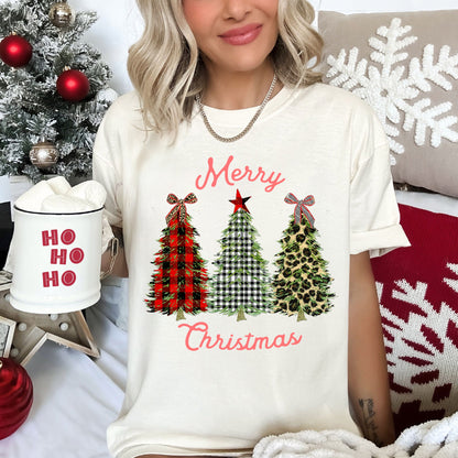 Merry Christmas, Leopard Print and Plaid Trees With Ribbons, Comfort Colors Tshirt