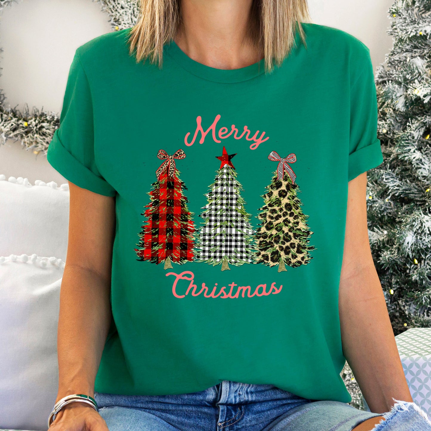 Merry Christmas, Leopard Print and Plaid Trees With Ribbons, Super Soft Tee