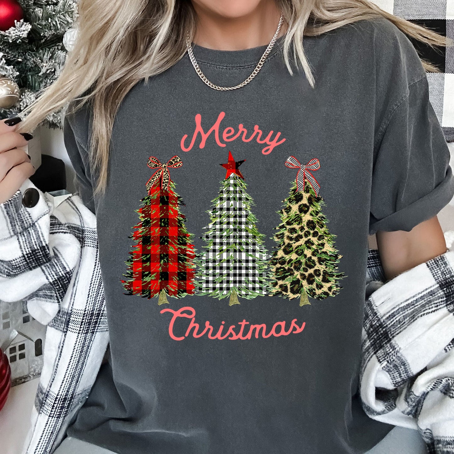 Merry Christmas, Leopard Print and Plaid Trees With Ribbons, Comfort Colors Tshirt