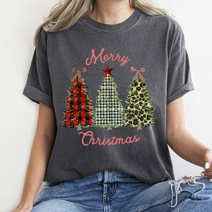Merry Christmas, Leopard Print and Plaid Trees With Ribbons, Comfort Colors Tshirt