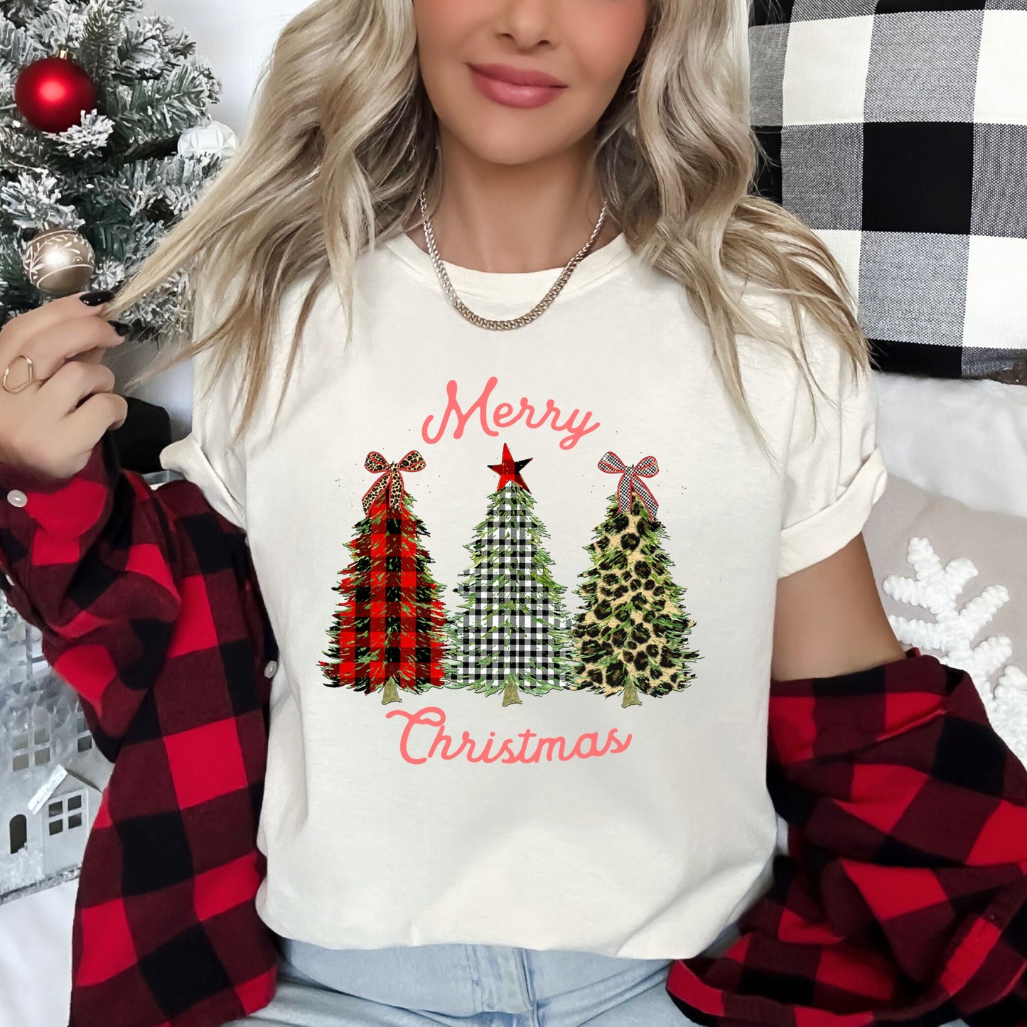 Merry Christmas, Leopard Print and Plaid Trees With Ribbons, Super Soft Tee
