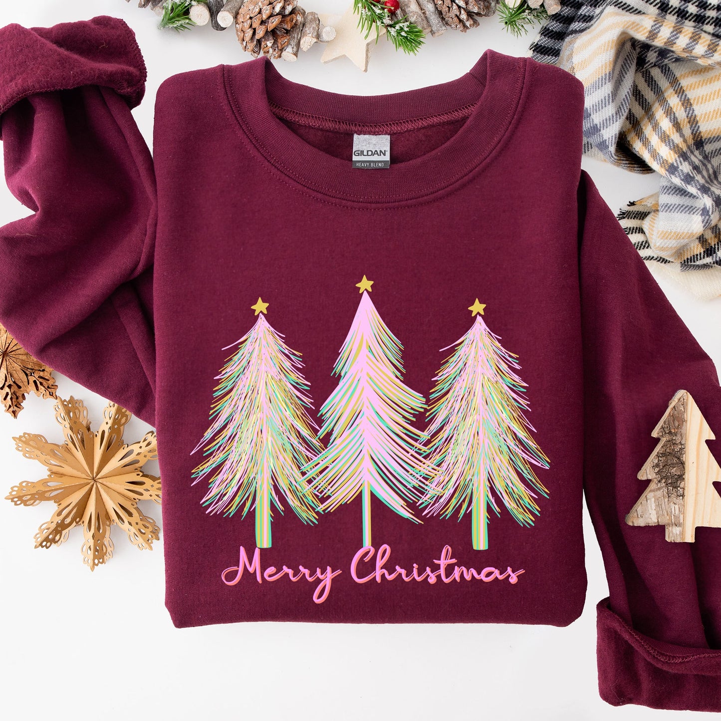 Merry Christmas, Pastel Trees, Winter, Santa, Xmas Sweatshirt