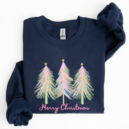 Merry Christmas, Pastel Trees, Winter, Santa, Xmas Sweatshirt
