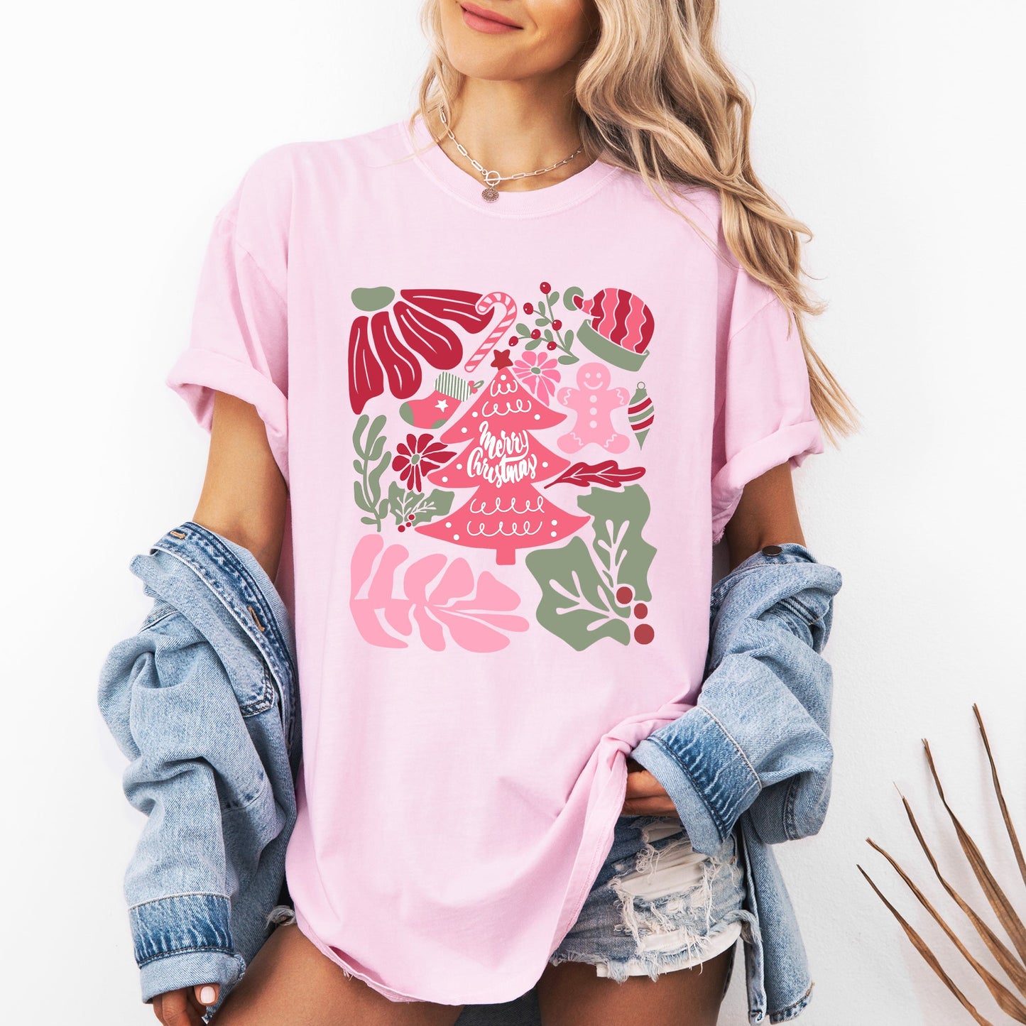 Merry Christmas, Pink Floral, Flowers, Xmas Tshirt Comfort Colors T-Shirt