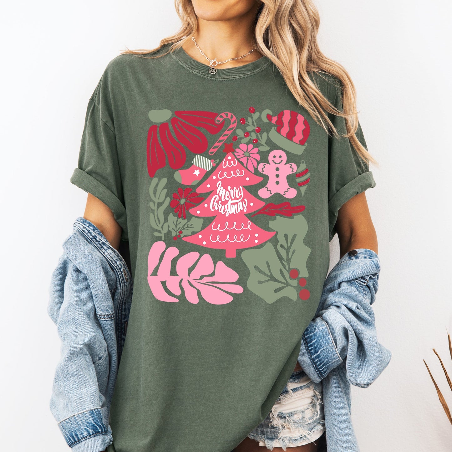 Merry Christmas, Pink Floral, Flowers, Xmas Tshirt Comfort Colors T-Shirt