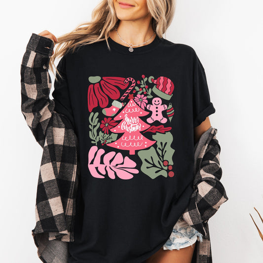 Merry Christmas, Pink Floral, Flowers, Xmas Tshirt Comfort Colors T-Shirt
