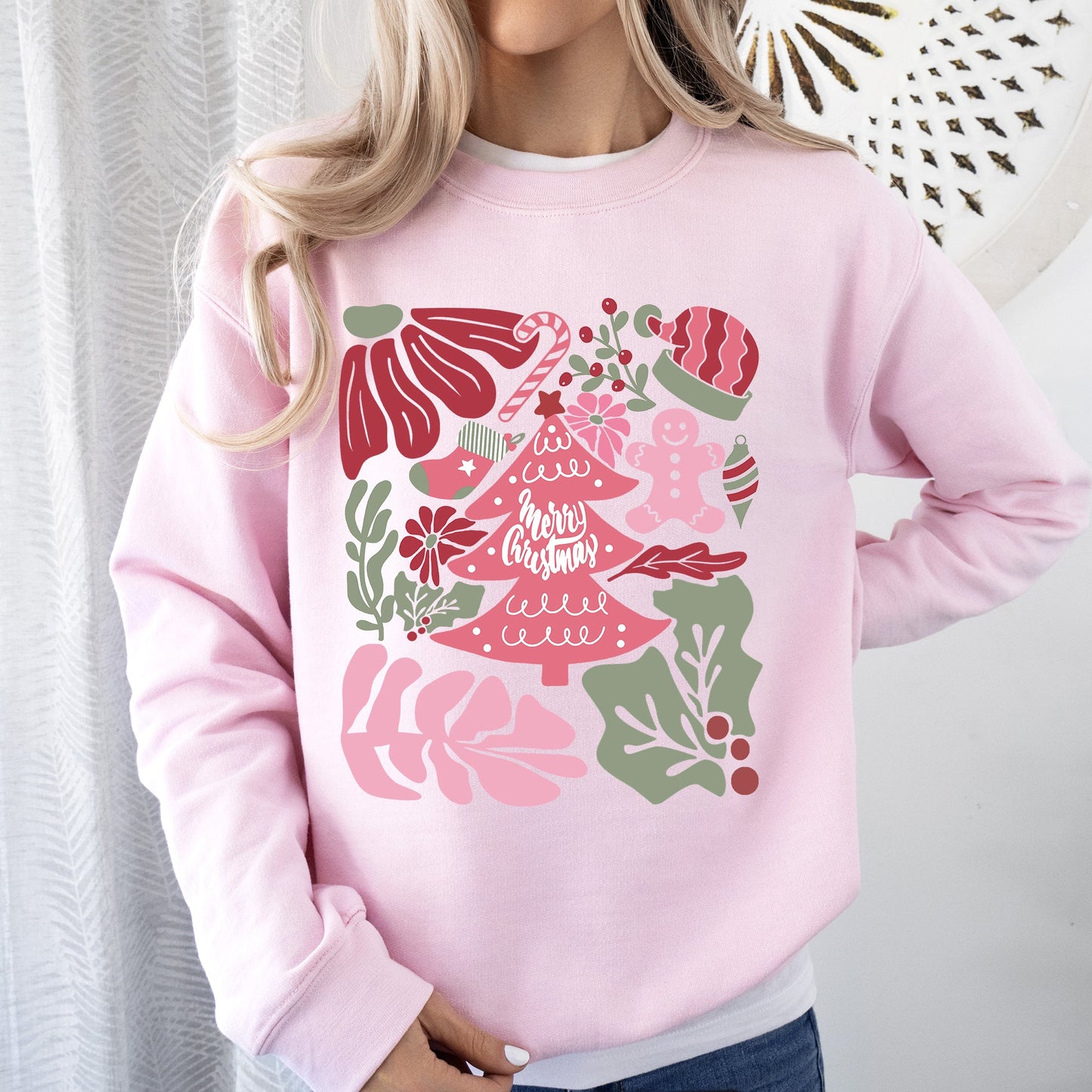 Merry Christmas, Pink Floral, Flowers, Xmas Sweatshirt