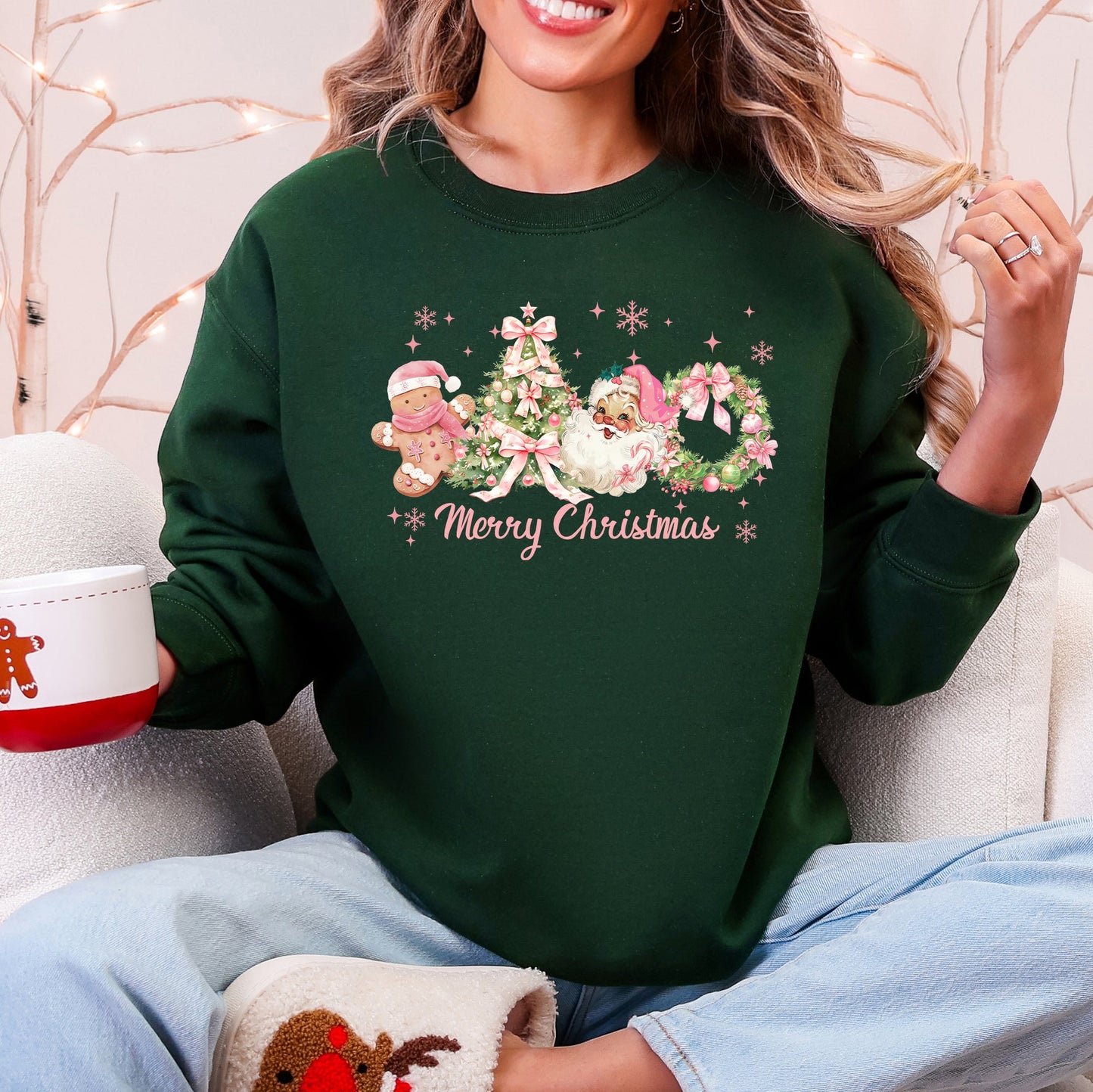 Merry Christmas, Pink Santa, Gingerbread Man, Snowflakes Sweatshirt