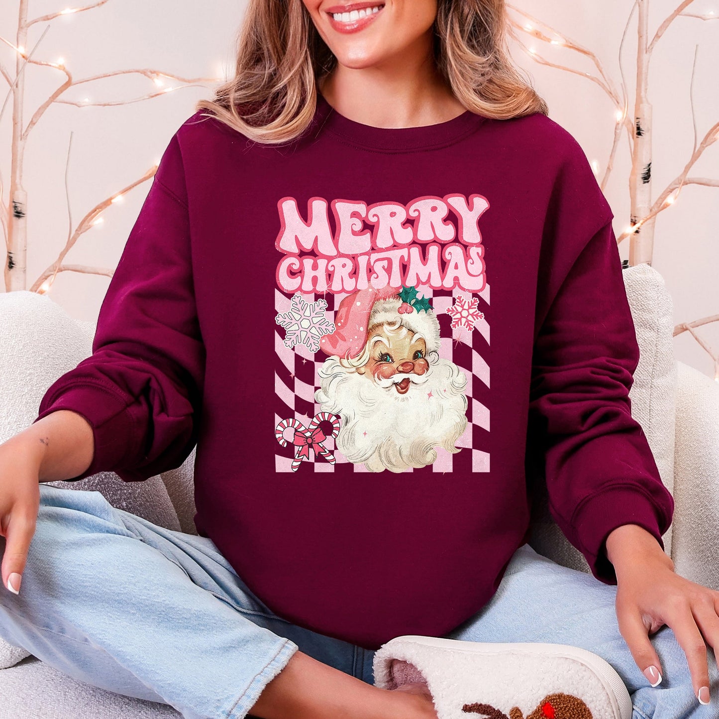 Merry Christmas, Retro Santa, Checkered, Vintage Sweatshirt