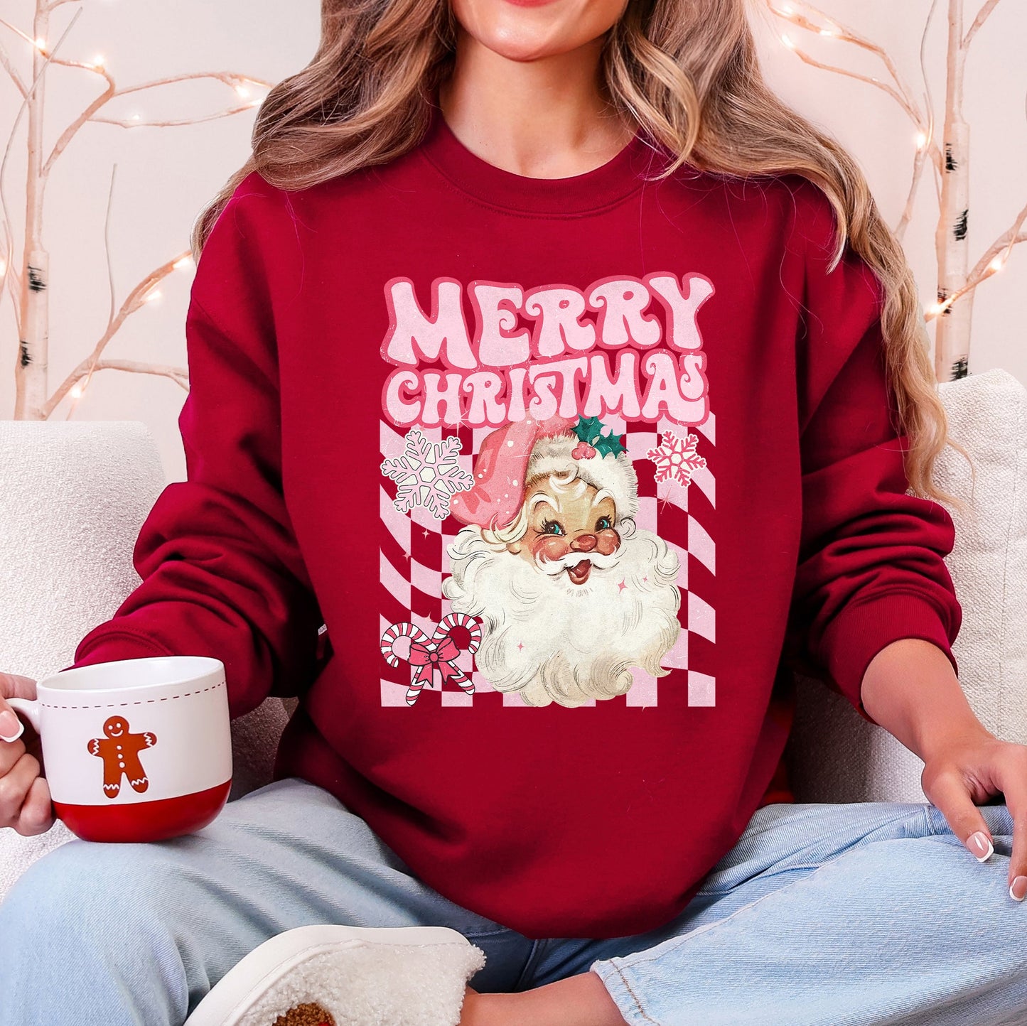 Merry Christmas, Retro Santa, Checkered, Vintage Sweatshirt