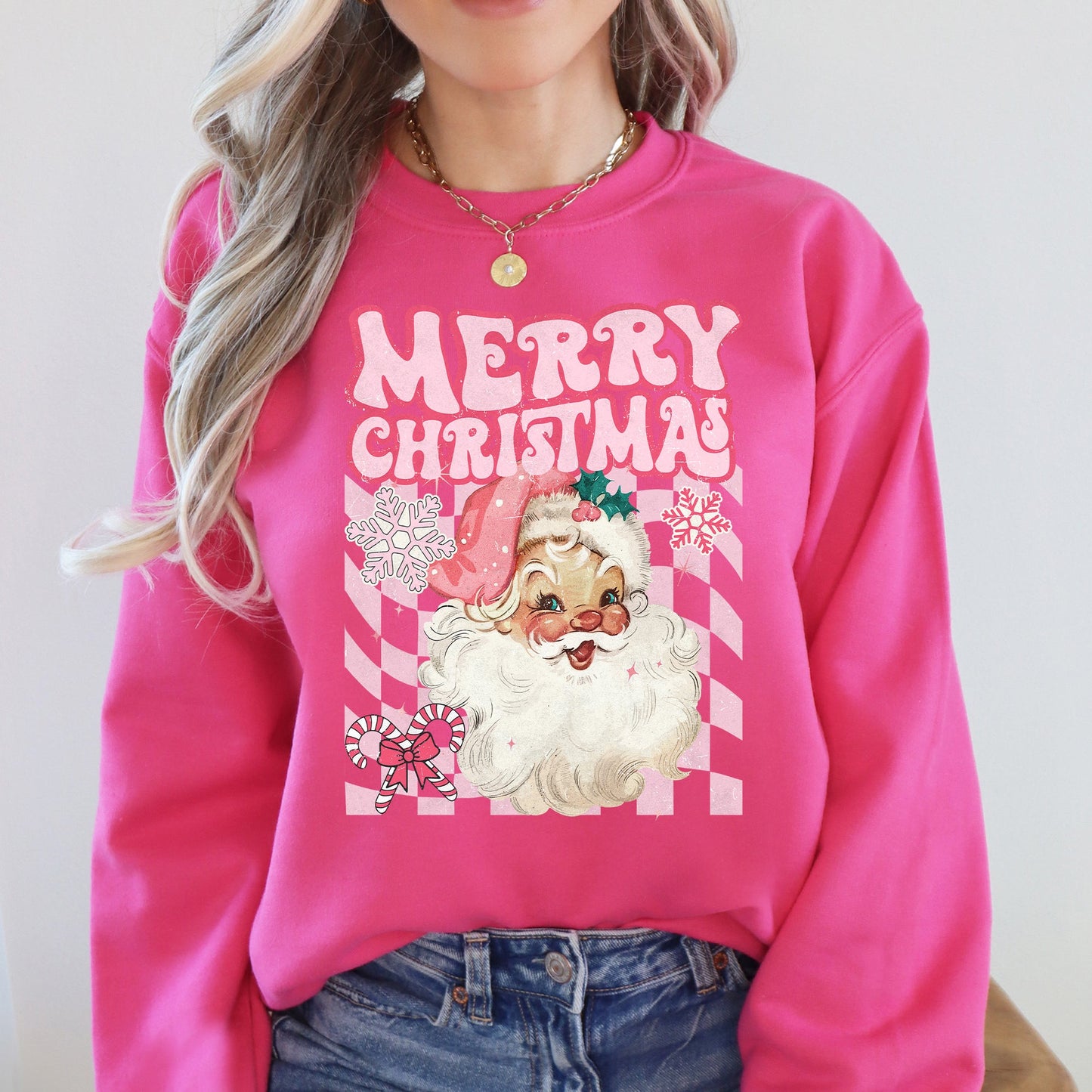 Merry Christmas, Retro Santa, Checkered, Vintage Sweatshirt