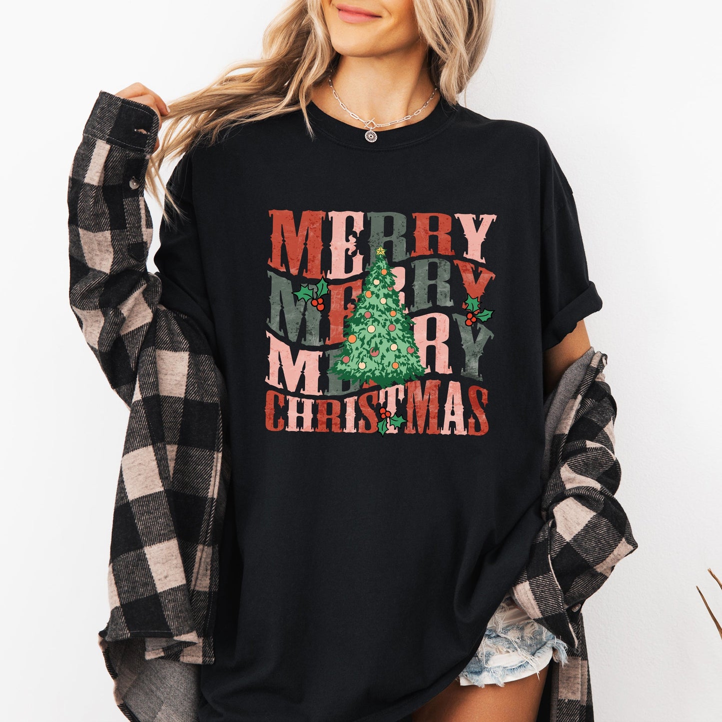 Merry Christmas, Retro Tree, Holly, Santa, Winter, Xmas Tshirt Comfort Colors T-Shirt