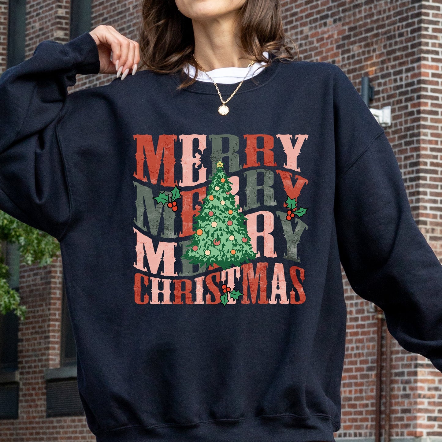 Merry Christmas, Retro Tree, Holly, Santa, Winter, Xmas Sweatshirt