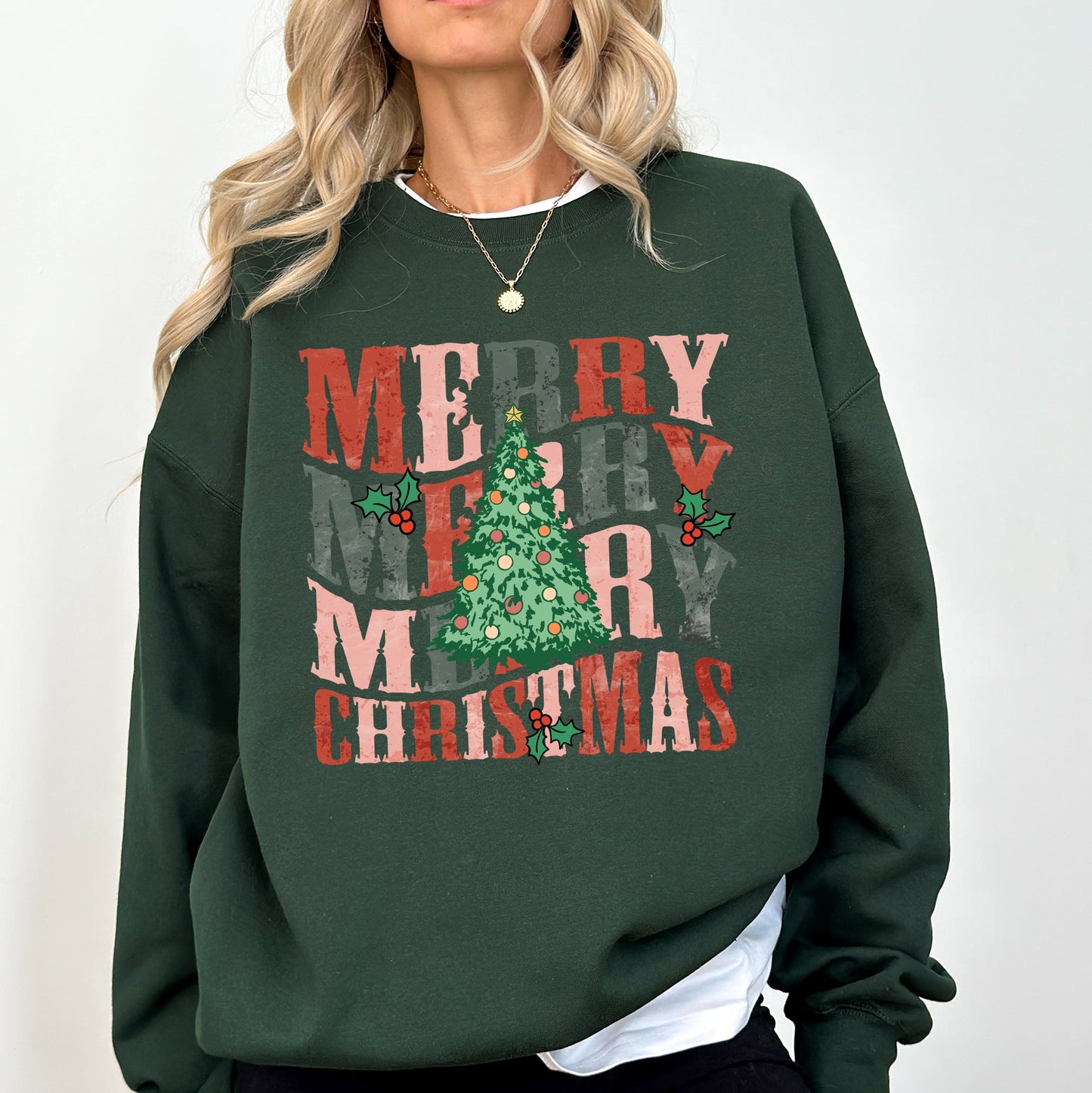 Merry Christmas, Retro Tree, Holly, Santa, Winter, Xmas Sweatshirt