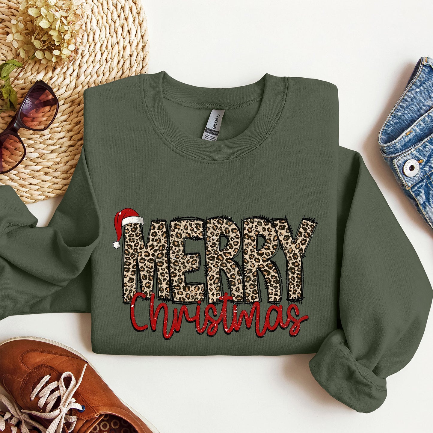 Merry Christmas, Retro, Leopard Print Sweatshirt