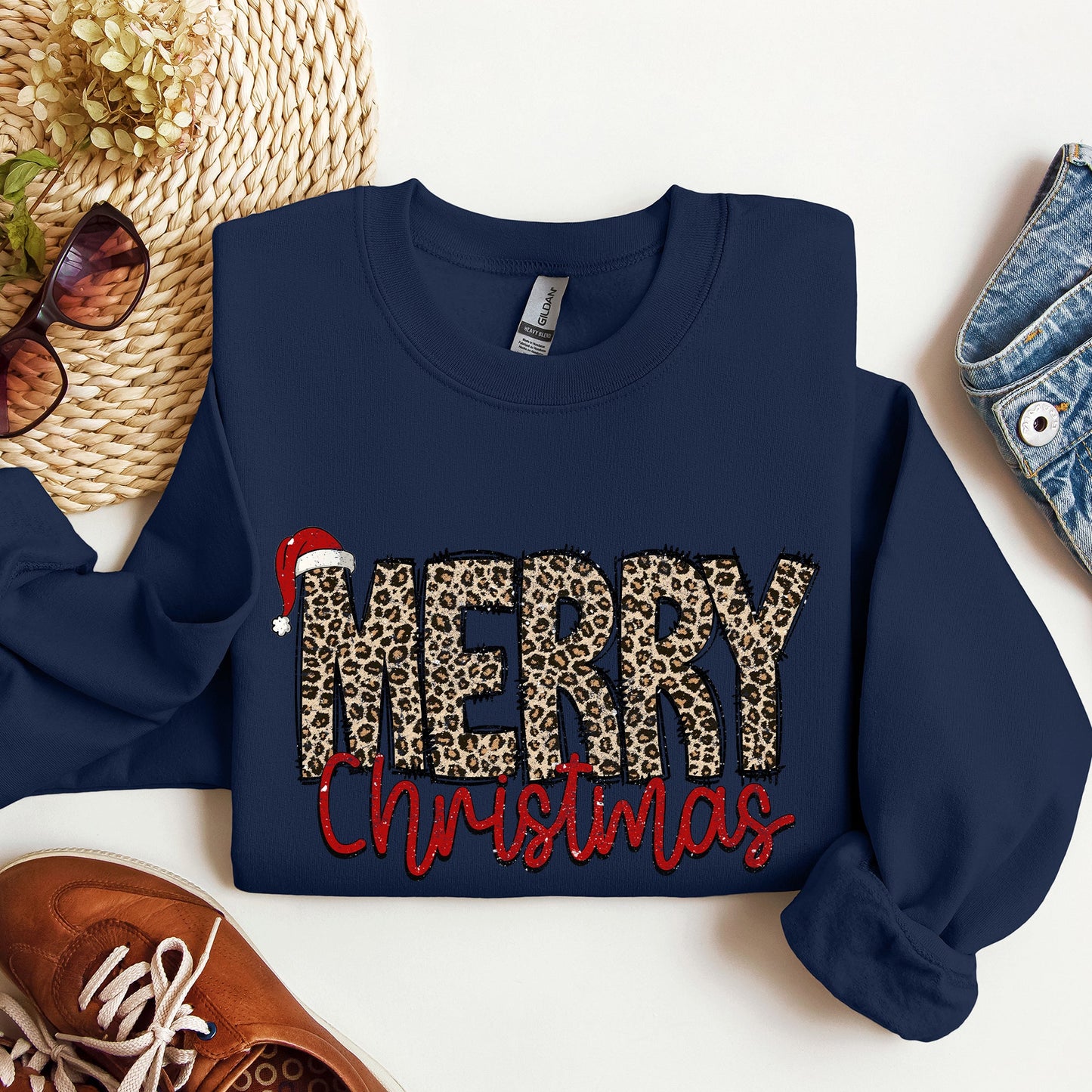 Merry Christmas, Retro, Leopard Print Sweatshirt